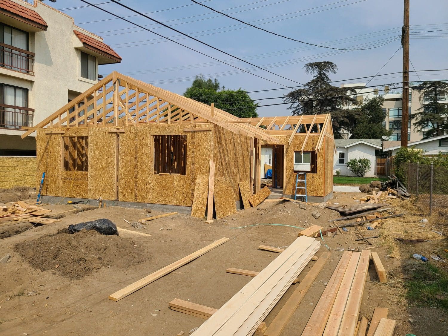 A house being built with wood and plywood